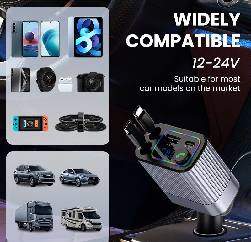 Retractable Car Charger with Lightning & Type-C Cable