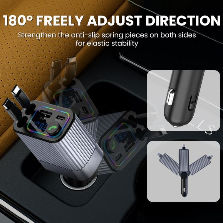 Retractable Car Charger with Lightning & Type-C Cable