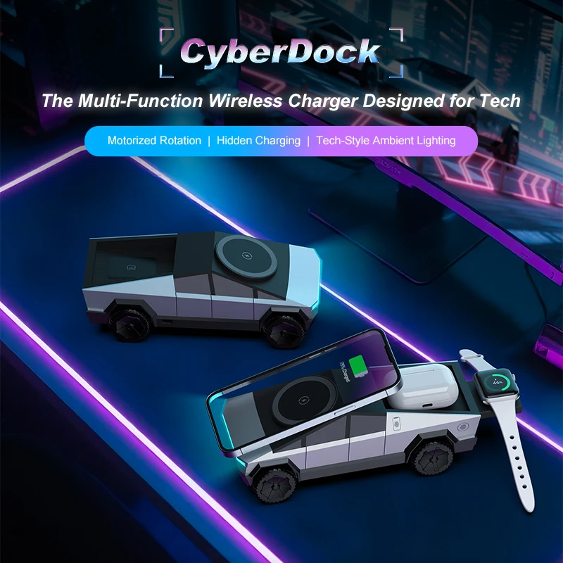 CyberTruck-Style 3-in-1 Wireless Charger | Phone, Watch & Earbuds Charging Station