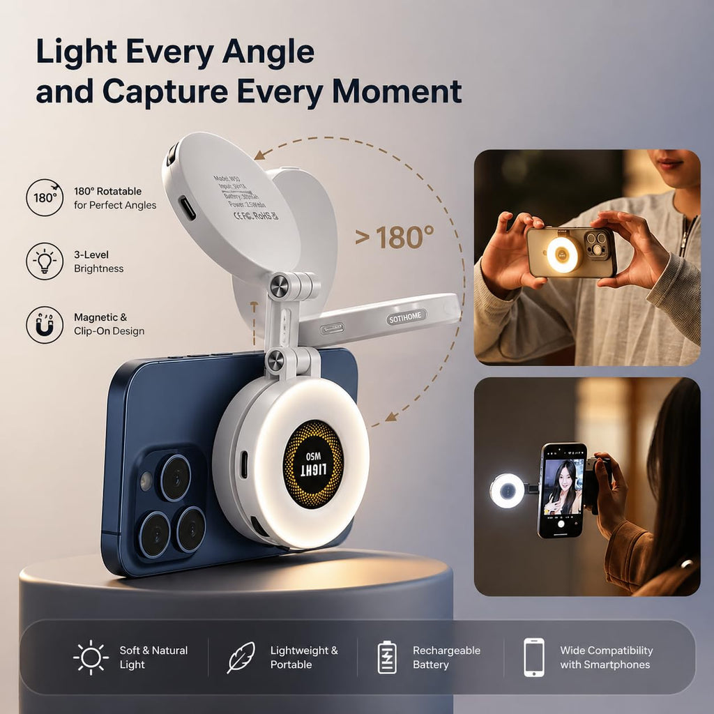 MagSafe LED Fill Light for iPhone & Android | Magnetic Selfie Ring Light | Adjustable Brightness | USB Rechargeable